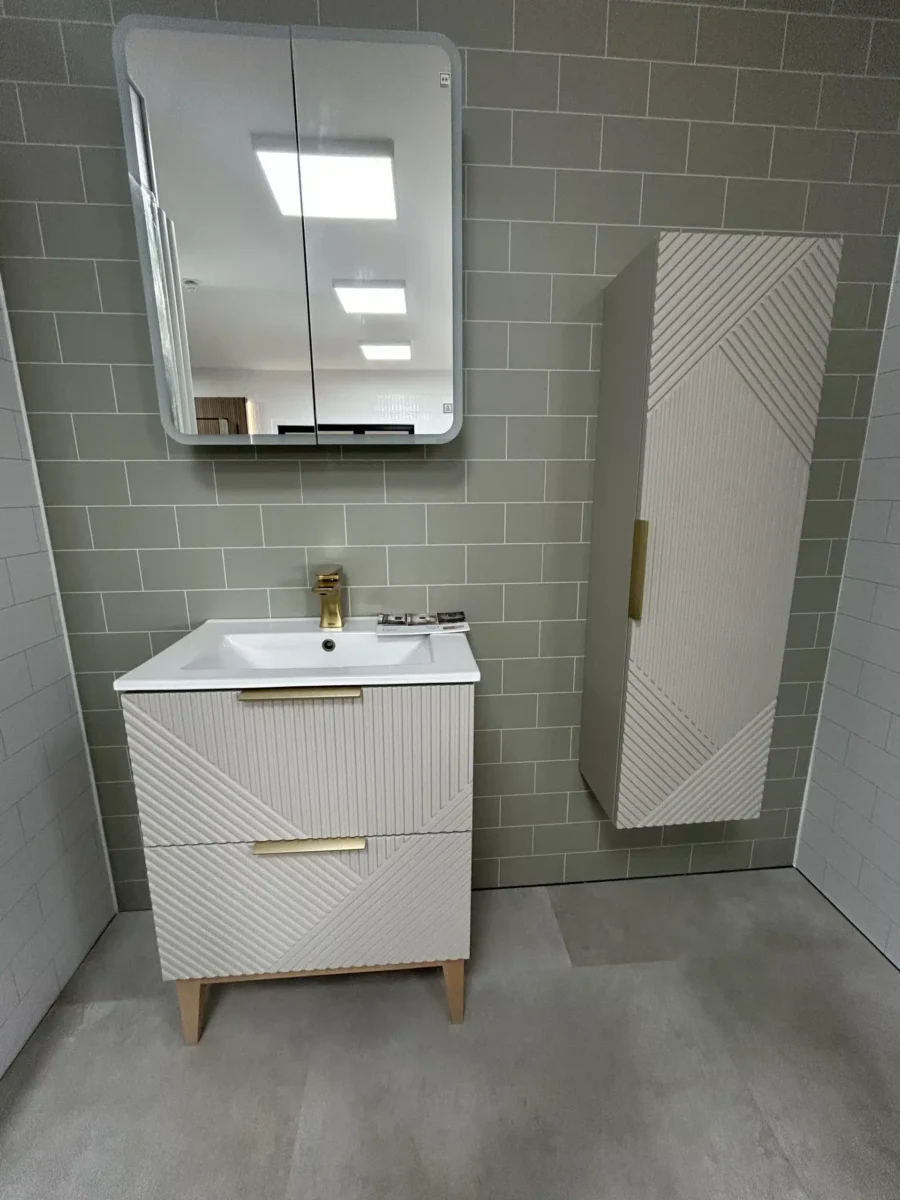 modern bathroom with unique details on the cabinets